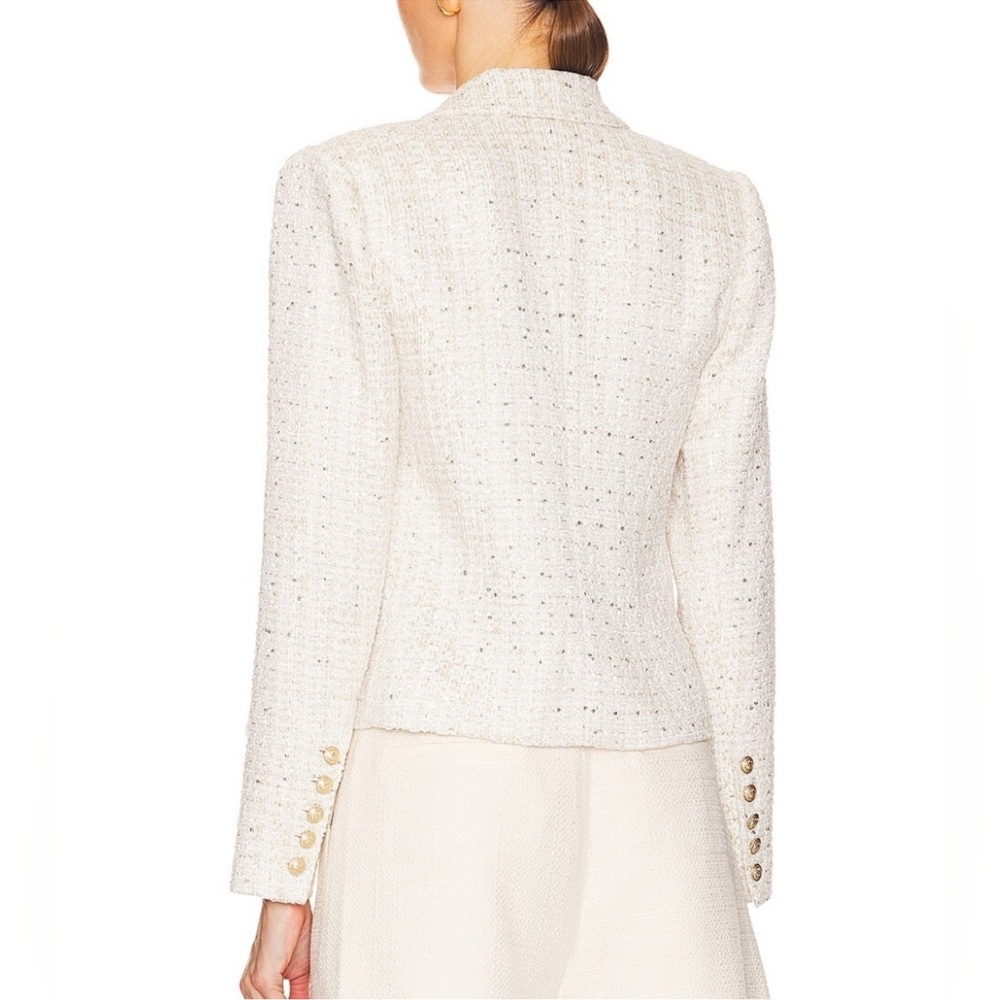 L’AGENCE Brooke Open Front Double Breasted White/Gold Tweed Blazer Size 12 - Picture 2 of 8